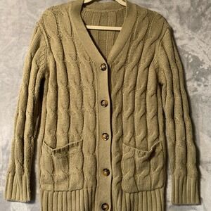 Vintage Cardigan‎ Sweater Medium Green Cable Knit V-Neck Chunky Soft Grandpacore